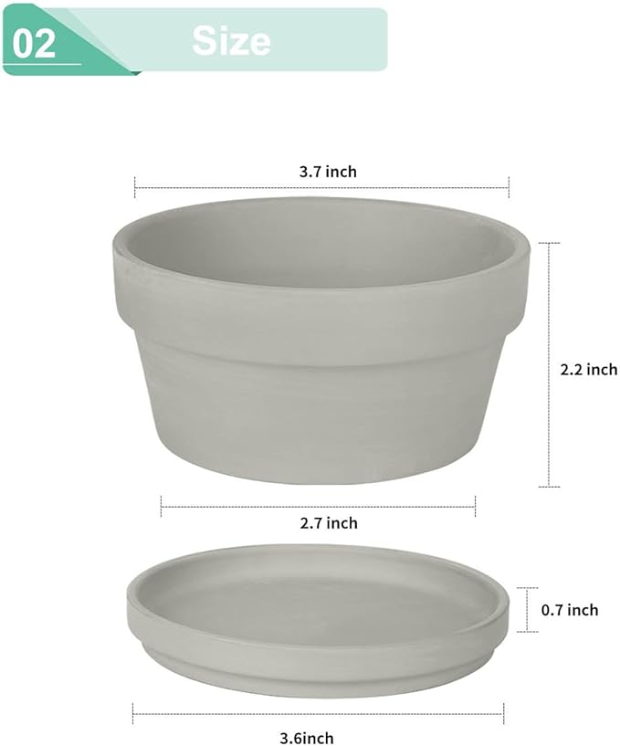 vensovo 3.7 Inch Grey Terracotta Shallow Succulent Pots - 6 Pack Terra Cotta Clay Pot with Saucer, Cacuts Indoor and Outdoor Planters with Drainage Hole