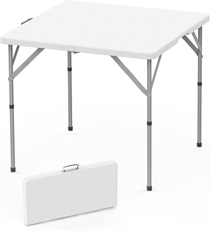 HLPB 34'' Square Folding Card Table, Fold-in-Half Portable Dining Table with Handle and Safety Lock, Foldable Plastic Dining Table Indoor Outdoor for Camping, Picnic and Party Event, White