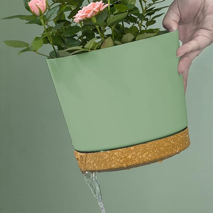 ZMTECH Plant Pots, Set of 6 6.5'' Self Watering Plastic Planter with Drainage Hole and Saucer,Modern Decorative Flower Pot for Indoor Outdoor House Plants, Succulents, Flowers - Green