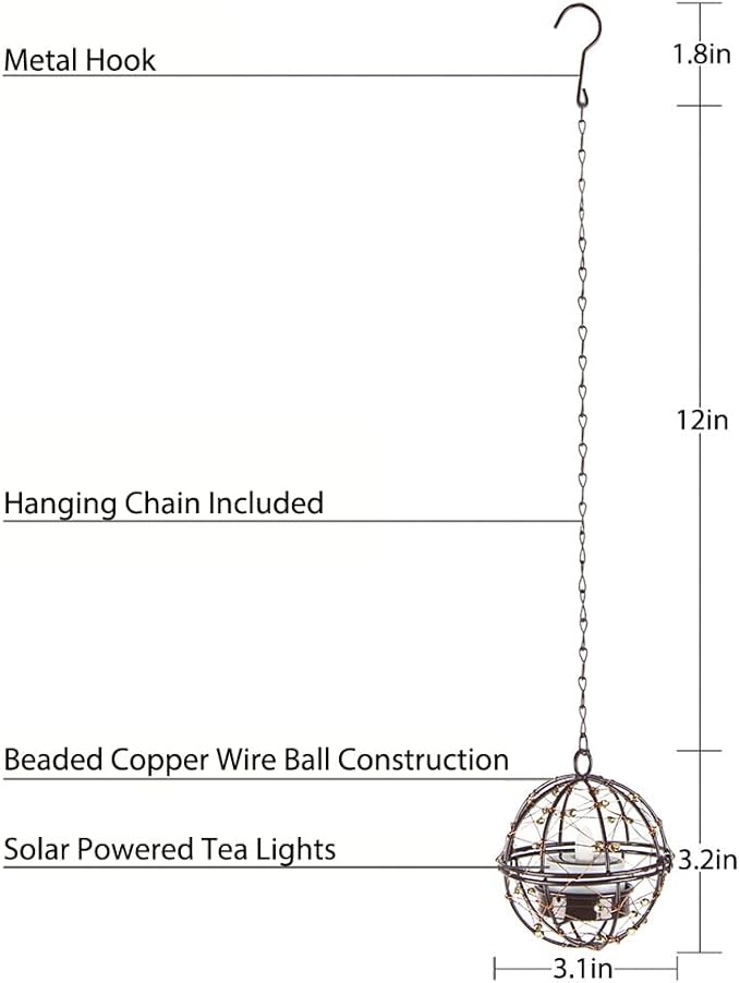 Solar Lights Outdoor Hanging Lanterns, ZHONGXIN Beaded Copper Wire Ball Candle Holder with Solar Tea Lights, Perfect for Home, Garden, Backyard, Pergola, Patio Umbrella, Tree, Window Decor-Set of 4