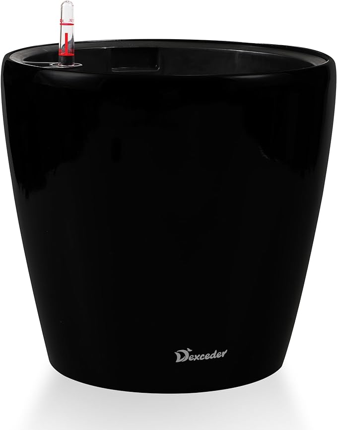Dexceder 13x12 Self Watering Planter with Wheels Indoor Outdoor, Inner Pot Design, Thickened Large Floor Standing Flower Plant Pot with Water Level Indicator (Black Matte)