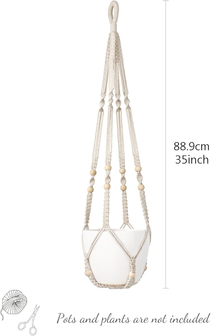 Mkono Macrame Plant Hanger Indoor Hanging Planter Basket with Wood Beads Decorative Flower Pot Holder No Tassels for Indoor Outdoor Boho Home Decor 35 Inch, Ivory, Set of 3 (POTS NOT Included)