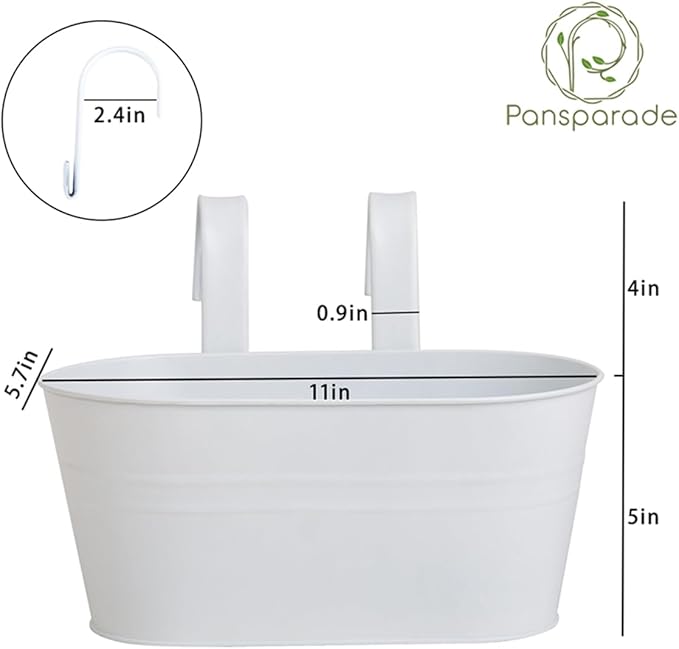 5 Pack Metal Hanging Flower Pots for Railing Fence，Outdoor Balcony Rail Planter with Garden Tools Detachable Hooks Drainage Holes for Deck Garden Home Decor White