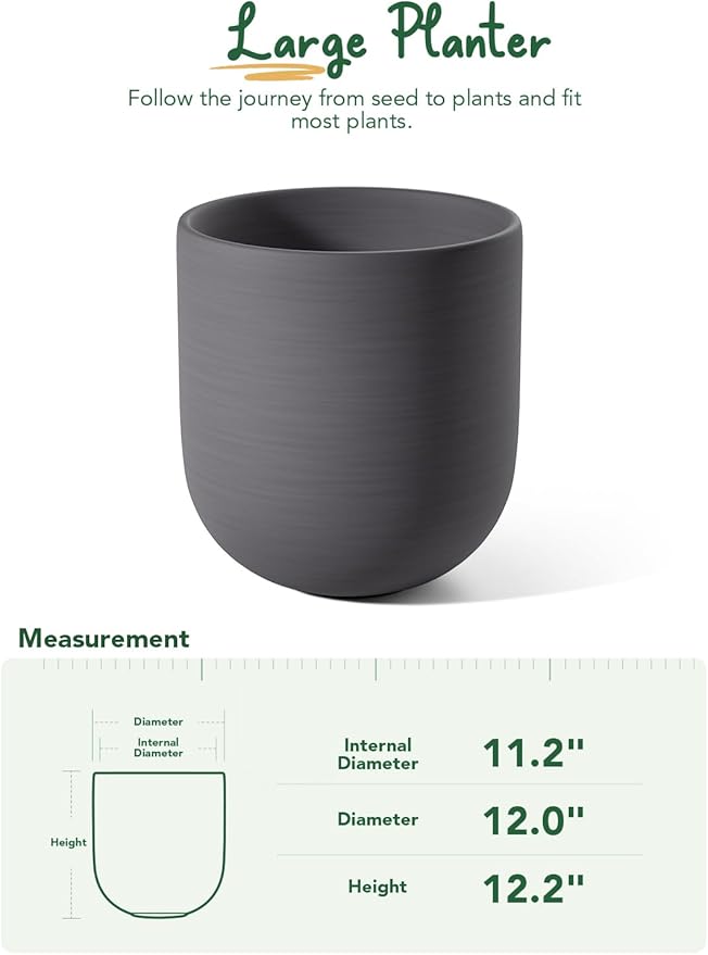 LE TAUCI 12 Inch Pots for Plants, Ceramic Large Planters for Indoor Plants, Indoor Plant Pots for Home Garden Patio Office, Big Planter Pots with Drainage Hole and Rubber Plug, Charcoal Gray