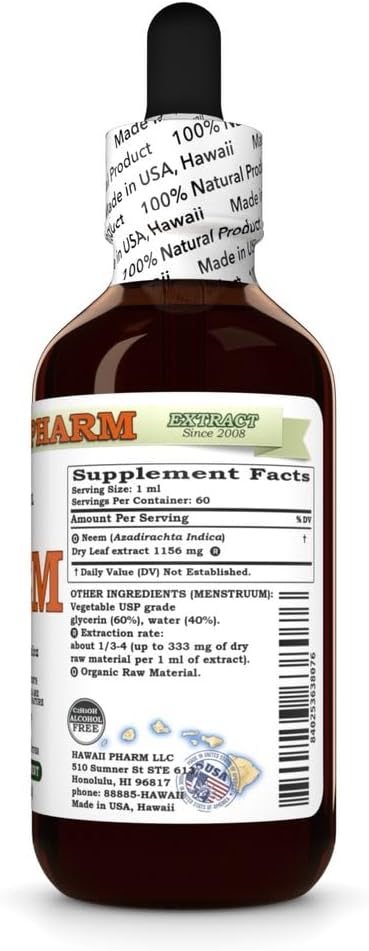 HawaiiPharm Neem Alcohol-Free Liquid Extract, Organic 2 oz