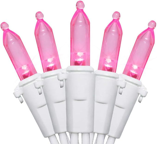 Pink LED Christmas Lights - 100 Count Pink Christmas String Lights for Tree, Party, Bedroom, Wedding, Indoor and Outdoor Valentines Day Decorations, 33 Feet White Wire, UL Certified, Connectable