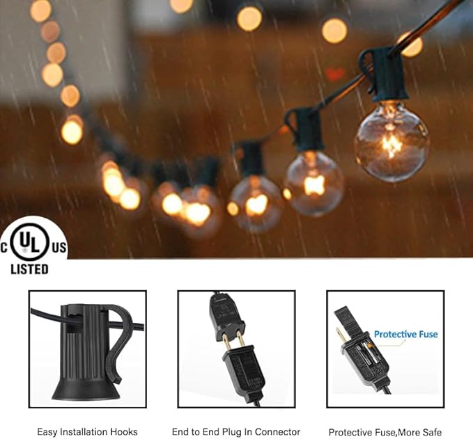50FT LED Globe String Lights,Waterproof Hanging String Light with 25 Warm White Shatterproof G40 Bulbs(2 Spare), for Indoor/Outdoor Commercial Decor (50FT)
