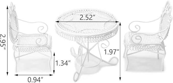 Dollhouse Miniature Bistro Table & Chairs Set Accessories Metal 1:12 Scale Miniatures White Coffee/Tea Furniture Fairy Garden Cute Rustic Elegant Decorations Ornaments (A)