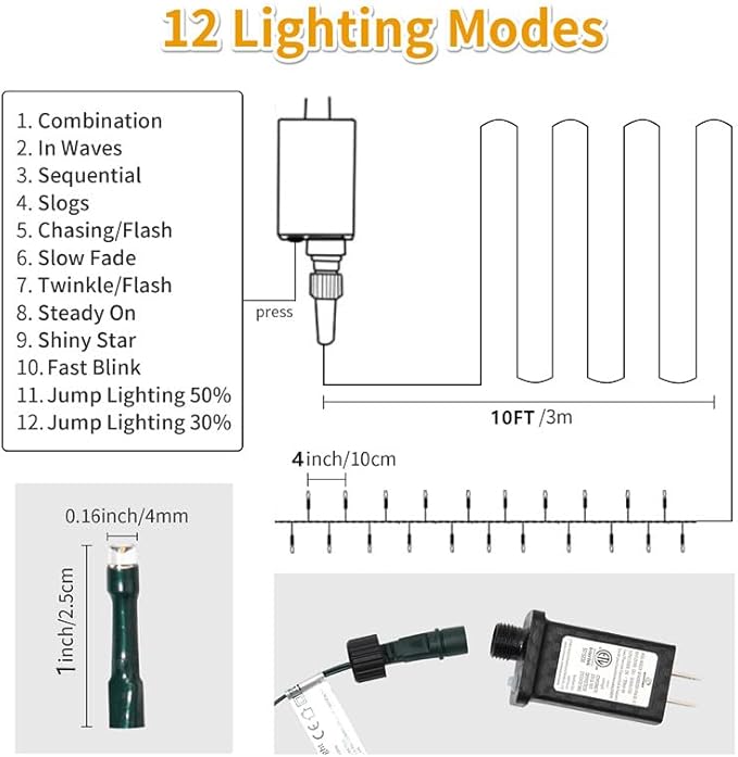 Christmas Light 1000 LEDs 336ft Green Cable Wire Fairy String Tree Twinkle Lights Plug in 12 Modes for Christmas Party, Outdoor, Garden, Wedding, Home Decoration (Multi Color)