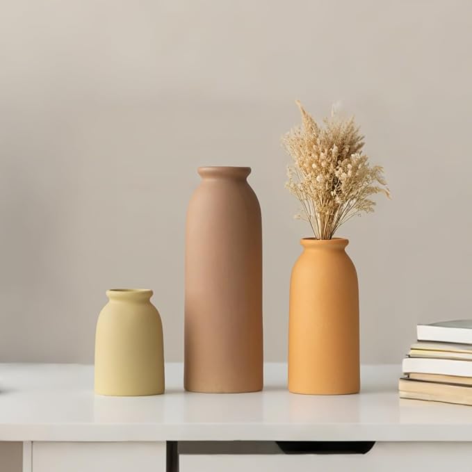Ceramic Vase Set-3, Small Flower Vases for Decor, Modern Boho Farmhouse Style, Decorative Vases for Pampas Grass & Dried Flowers, Distressed Finish (Brown Mix)
