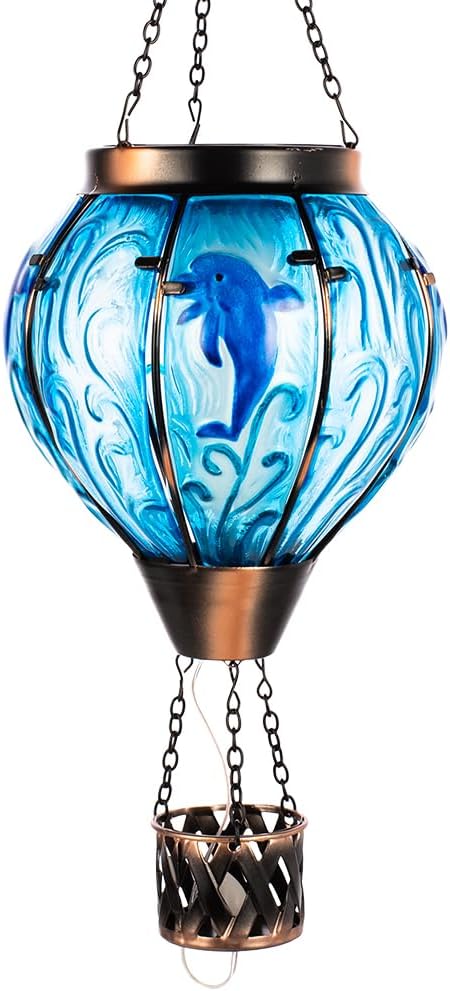 Blue Dolphin Hot Air Balloon Solar Lantern with Flame Flickering Light LED Glass Hanging Solar Lanterns Outdoor Waterproof Hot Air Balloon Decor for Patio Yard Garden Mother Day Gift for Women