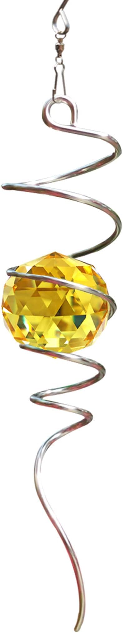 FONMY Gazing Ball Spiral Tail -Decorative Wind Spinner Sun Catcher Rainbow Maker 11 inch Tail and 2 inch Golden Crystal Orb. Indoor Outdoor Garden Decoration -13 inch Height