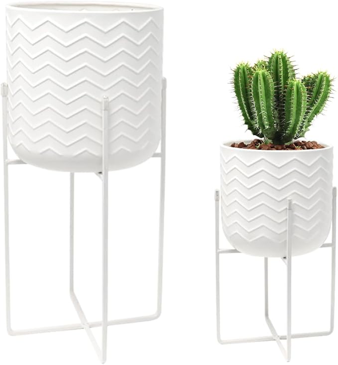 TRIROCKS Set of 2 Planters with Stand Indoor Outdoor Metal Plant Stand 18 &12" Tall Modern Planters Flower Pots for Living Room Corner Kitchen Office Garden Balcony Patio Decor(White)