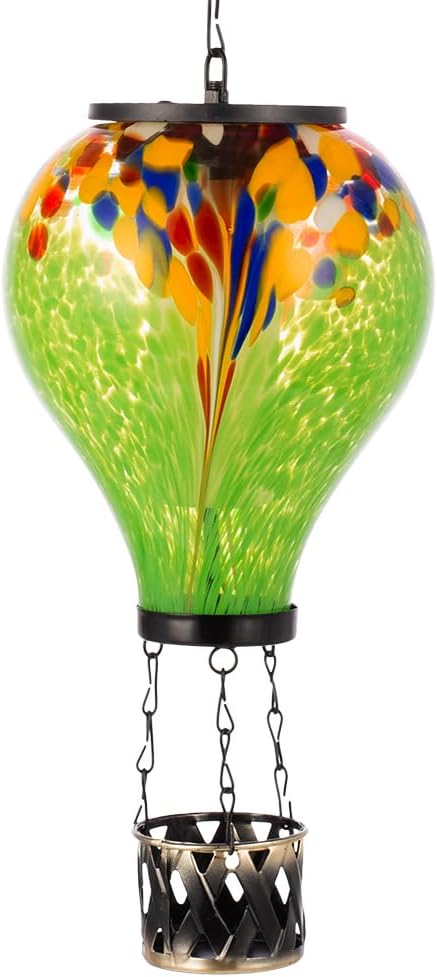 Starsoul Hot Air Balloon Solar Lantern Tie-Dye Style Glass Outdoor Solar Hot Air Balloon Lantern with Flame Light Waterproof Hanging Solar Lantern for Garden Yard Patio Decor