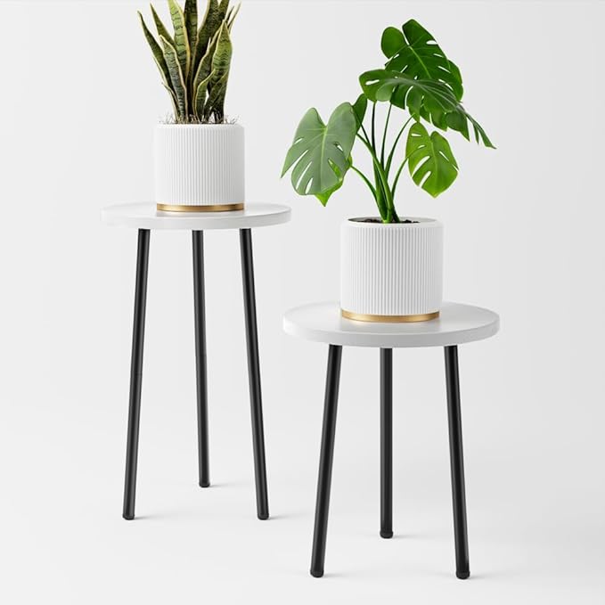 Plant Stand Indoor Tall: Corner Wood Plant Stand 2 Pack Mid Century Modern Decor - Small Round Plant Table for Indoor Plants - Outdoor Plant Holder for Patio Living Room Bathroom Office (White)