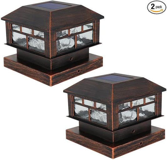 Solar Post Lights Outdoor, 20LM Fence Post Cap Lights, Waterproof, 2 Light Modes, Fit 3.5x3.5in 4x4in 5x5in Wooden Post, Solar Power Deck Lights for Garden Deck Patio Decoration(Bronze 2Pack)