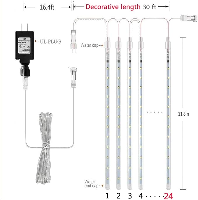Aokudoni Christmas Lights Outdoor, 24 Tubes Meteor Shower Lights (Equivalent to 3 Sets of 8-Tubes), Waterproof Outside Christmas Decorations for Tree Window Yard Party Holiday, UL Plug, White