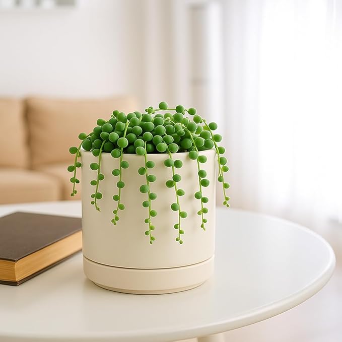 D'vine Dev 4.7 Inch Ceramic Planter Pot with Drainage Hole and Saucer, Indoor Cylinder Round Planter Pot, Oatmeal, 94-O-B-8