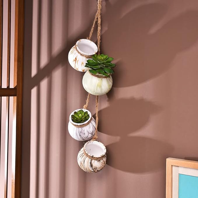 SOUJOY 6 Pack Hanging Succulent Planters, 4'' Mini Ceramic Wall or Ceiling Mount Dangling Plant Pot, Hanging Flower Pot with Jute Rope for Indoor Outdoor Decor, Light Beige