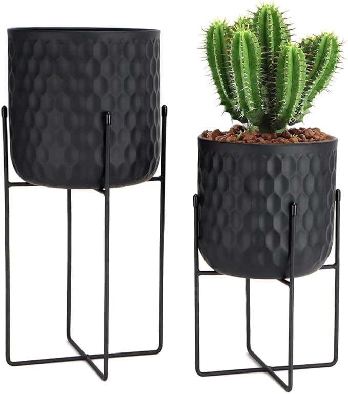 TRIROCKS Set of 2 Planters with Stand Indoor Outdoor Metal Plant Stand 8 * 18 &7 * 12 "Modern Planters Flower Pots for Living Room Corner Kitchen Office Garden Balcony Patio Decor(Black)