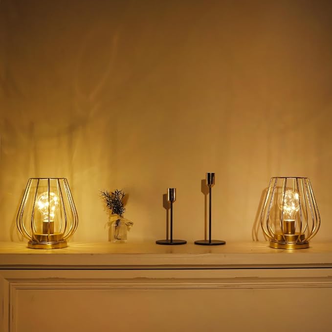 TRIROCKS Set of 2 Metal Battery Operated Lamp 7'' Tall Cage Shape Cordless Table Lamp Battery Lanterns with Warm Fairy Lights Bulb for Patio Garden Wedding Parties Indoor Outdoor(Gold)