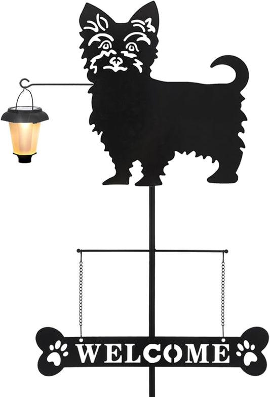 BAYN Solar Yorkie Silhouette Dog Breed Welcome Sign with a Lantern Outdoor Decorative Garden Stakes for Yard, Lawn, Patio, Pathway