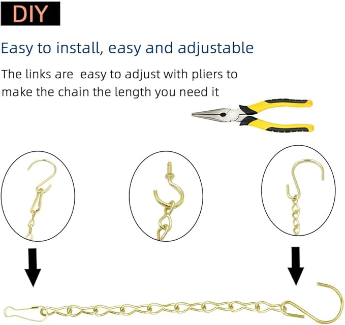 197 Inch Gold Hanging Baskets - Adjustable Length, Brass Decorative Metal Chain with A Great Assortment of Hooks for Hanging Bird Feeders Planters Baskets Billboards Ornaments, Chain Hooks DIY