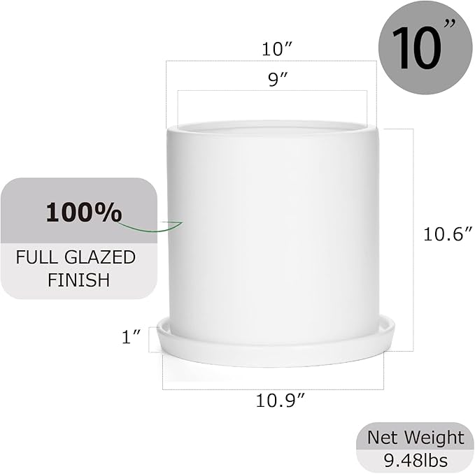 Plant Pots 10 Inch Ceramic Planter with Drainage Hole and Saucer, Matte White Modern Cylinder Planter Pot for Indoor Outdoor Plants Flowers, Full Glazed Finish