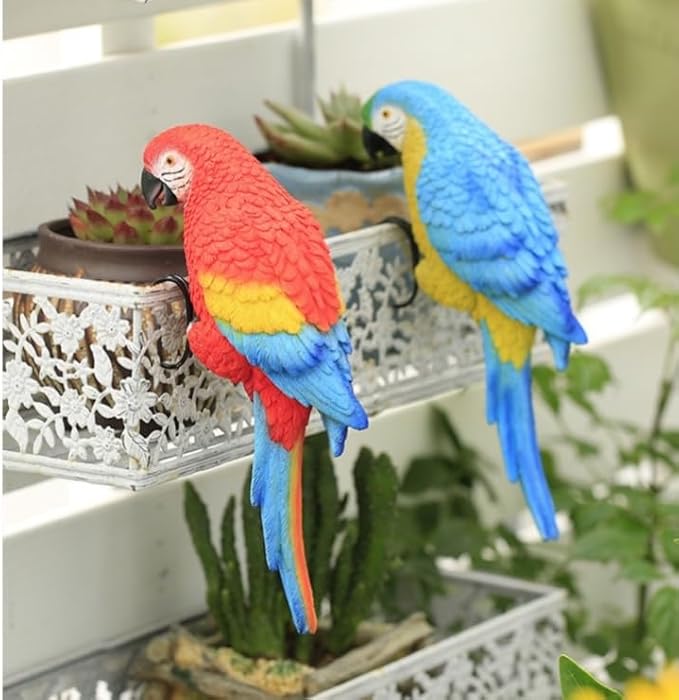 Realistic Parrot Sculpture Resin Hanging Parrots Garden Statues Lifelike Bird Figurines Landscape Ornament Patio Yard Lawn Figurine Tree Decor, Outdoor Garden Wall Statues (Blue)
