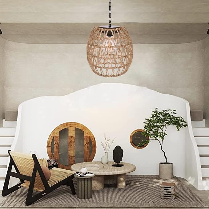 Boho Pendant Solar Light Rustic Hand-Woven Rattan Chandelier Coastal Retro Lamp Wedding Garden Courtyard Hallway Entryway Decoration.