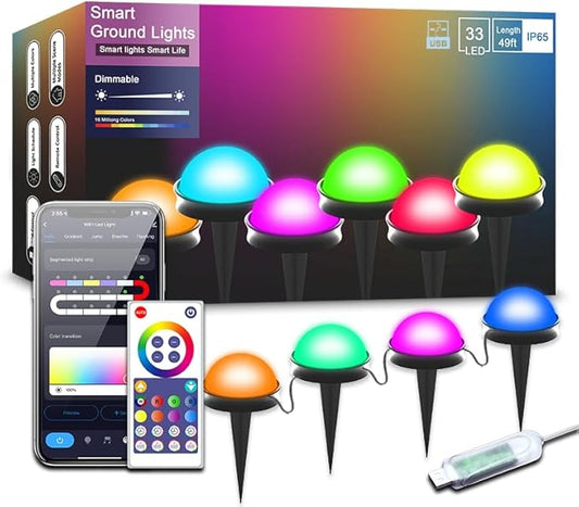 Outdoor Smart Ground Lights - 49.2FT 33Pack Pathway Light Remote & App Control, Color Changing Walkway Lighting Compatible with Alexa Halloween Christmas Outdoor Decor for Patio, Garden, Yard