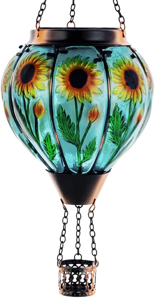 Starsoul Sunflower Hot Air Balloon Solar Lantern - Glass Outdoor Flickering Flame Light, Waterproof Hanging Lamp for Garden, Patio, Yard, Party Decor