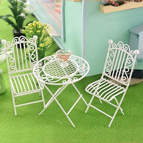 Dollhouse Miniature Bistro Table & Chairs Set Accessories Metal 1:12 Scale Miniatures White Coffee/Tea Furniture Fairy Garden Cute Rustic Elegant Decorations Ornaments (C)