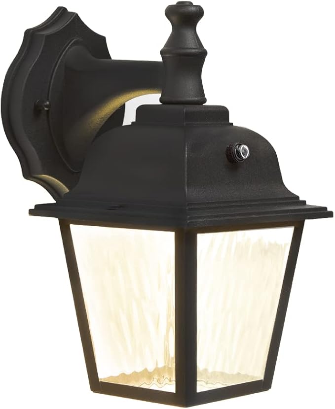 Maxxima LED Porch Lantern Outdoor Wall Light Fixture - Black, Clear Water Glass, Photocell Sensor, 875 Lumens, 3000K Warm White, Dusk to Dawn Light Sensor, Exterior Decorative Light