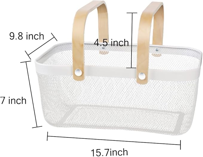 Portable Mesh Harvest Basket - Natural Bamboo Handle Foldable Organizer for Kitchen, Garden & Picnic | Ventilated Storage Bin with Rust-Proof Wire, Space-Saving Farmhouse Decor (White)