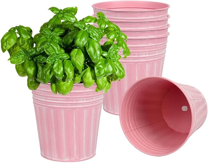 vensovo 6 Inch Pink Metal Rustic Flower Pots - 6Pcs Medium Galvanized Planters with Drainage Hole and Rubber Plug, Rustproof Metal Bucket Plant Pots Farmhouse Vintage Style for Decor