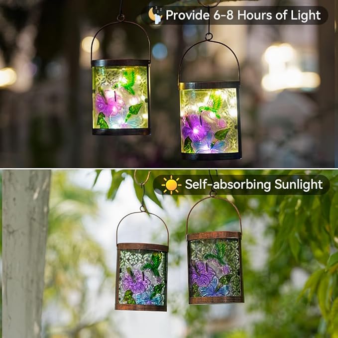 Starsoul 2 Pack Hanging Solar Lantern Outdoor Waterproof Glass Hummingbird Decorative Solar Lights for Outside Garden Yard Table Patio Decor