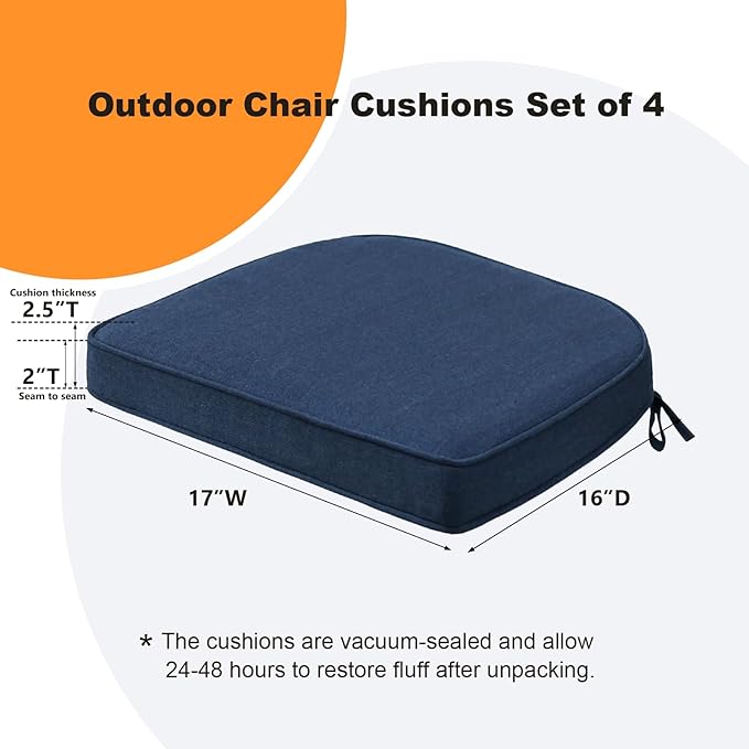 Sunbrella Round Corner Seat Cushions, 17" x 16" x 2", Set of 4, Indoor Outdoor Water Repellent Universal Chair Pads with Ties for Patio Furniture, Garden Dining Chairs, Specrtum Indigo