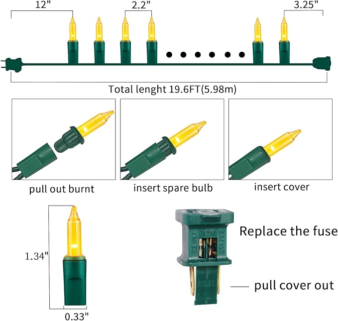 Ultra-Bright Connects End to End Yellow Christmas Mini Lights 100L 19.6Ft UL Listed Incandescent Bulb String Light Set for Indoor Outdoor Holiday Garden Party Christmas Tree Garland Decor