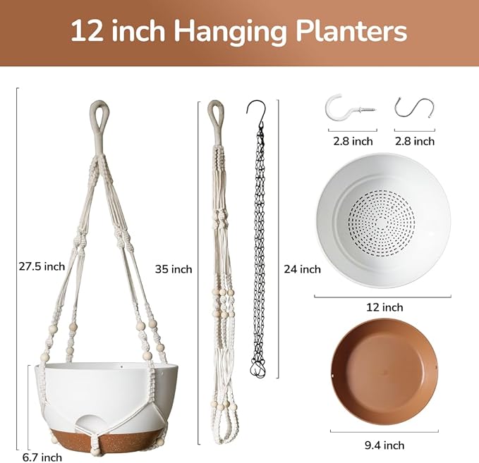 12 Inch Hanging Baskets for Plants Outdoor, Hanging Planters for Indoor Outdoor Plants, Hanging Planter with Self Watering, Hanging Flower Pots (White Planter with Macrame + Iron Hangers)