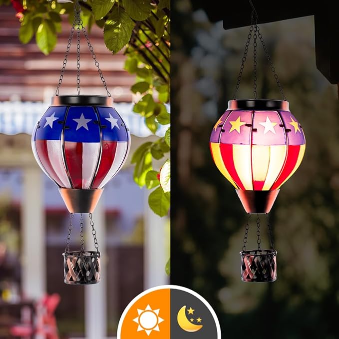 Hot Air Balloon Outdoor Lantern with Flickering Flame, Handmade Glass Solar Lantern with Flag Pattern Waterproof Lantern Lamp for Patio, Garden, Porch