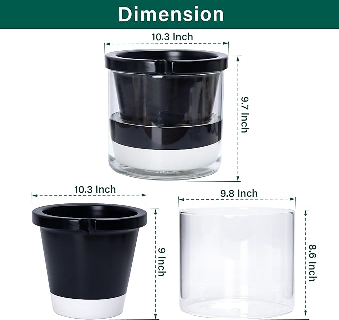 D'vine Dev 10 Inch Design Self Watering Planter for Indoor Plants, Black Terracotta Pot with Cylinder Glass Cup, 37-X-D-3