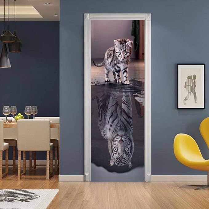 3D Door Wallpaper Self-Adhesive Door Sticker - Cat Become Tiger - Door Film Poster Premium PVC Waterproof Wall Sticker for Bedroom Living Room Door Decoration Wallpaper 86 x 200 cm