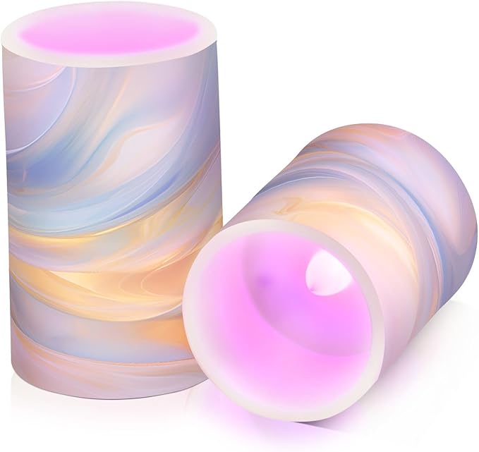 Flickering Flameless Candles, Blue Gold Marble LED Candles with Remote Timer, Set of 2 Battery Operated Candle for Valentine Wedding Birthday