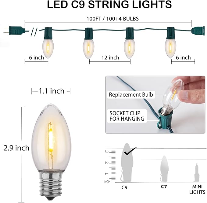 Vintage C9 LED Christmas Lights Outdoor, 100 Feet C9 String Lights with 100 LED C9 Plastic Bulbs, Waterproof Connectable Lights for Christmas Tree Roofline Garden Patio Backyard Decor, Warm White
