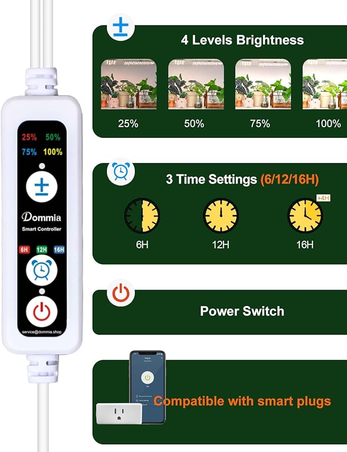 DOMMIA Grow Lights for Indoor Plants, 4500K Coolwhite for Shelves with 6/12/16H Timer, 4 Dimmable Full Spectrum with Optical Lens, USB Plant Lights for Indoor Growing(No Adapters)