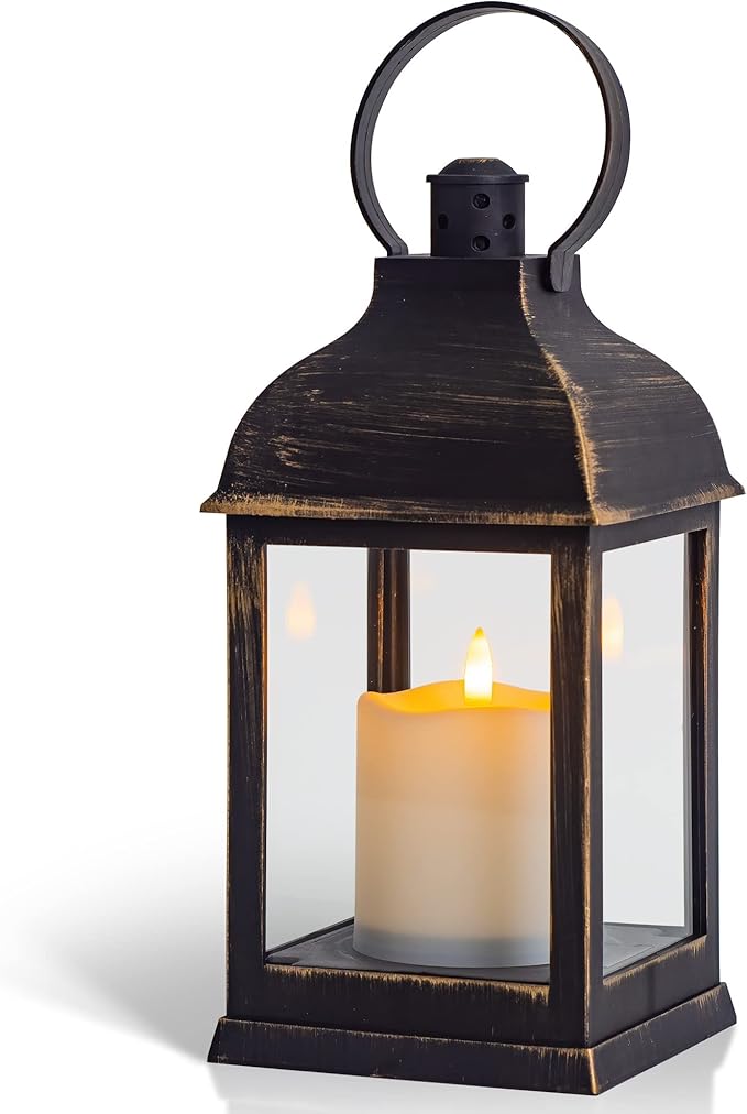 Vintage Lantern Decorative LED Flickering Flameless Candle with Timer, Battery Powered LED Decorative Hanging Golden Brushed Black Lanterns for Indoor Outdoor Garden Yard Home Decor(1 Pack)