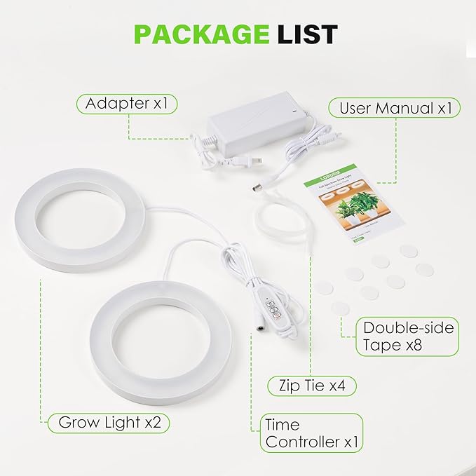 LORDEM 6.3” Ceiling Grow Light for Indoor Plants, 144 LEDs Full Spectrum Halo Grow Lamp, Under Cabinet Plant Lamp with 4/8/12H Auto Timer, 4 Dimmable Brightness Levels, Ideal for Pot Plants, Dual Head