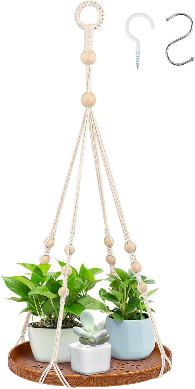 SUREAM Macrame Plant Shelf Hangers, Large Hanging Baskets for Plants with Flower CutOuts and Handmade Cotton, Indoor Outdoor Plant Hangers with Wood Tray for Garden Home Decor - No Plant/Pot Included