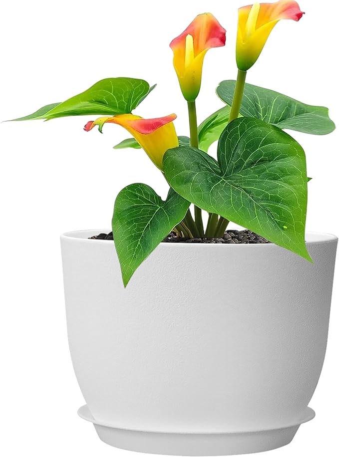 12 inch Large Plant Pots, Plastic Planters with Drainage Holes and Saucers, Flower Pots for Indoor Outdoor Plants, Modern Decorative Pots for Garden House Plants, White